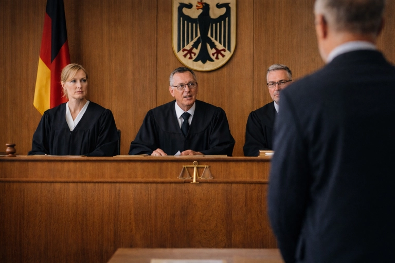 Gerichtsszene Deutschland - Drei Richter blicken auf eine Person im Saal.